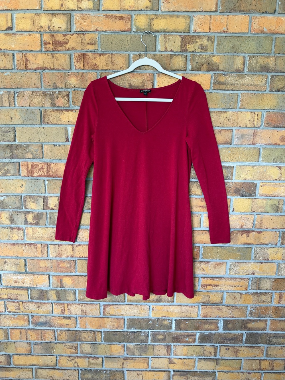 Express Women’s Medium Red Berry V-Neck Long Sleeve A-Line Tunic Dress